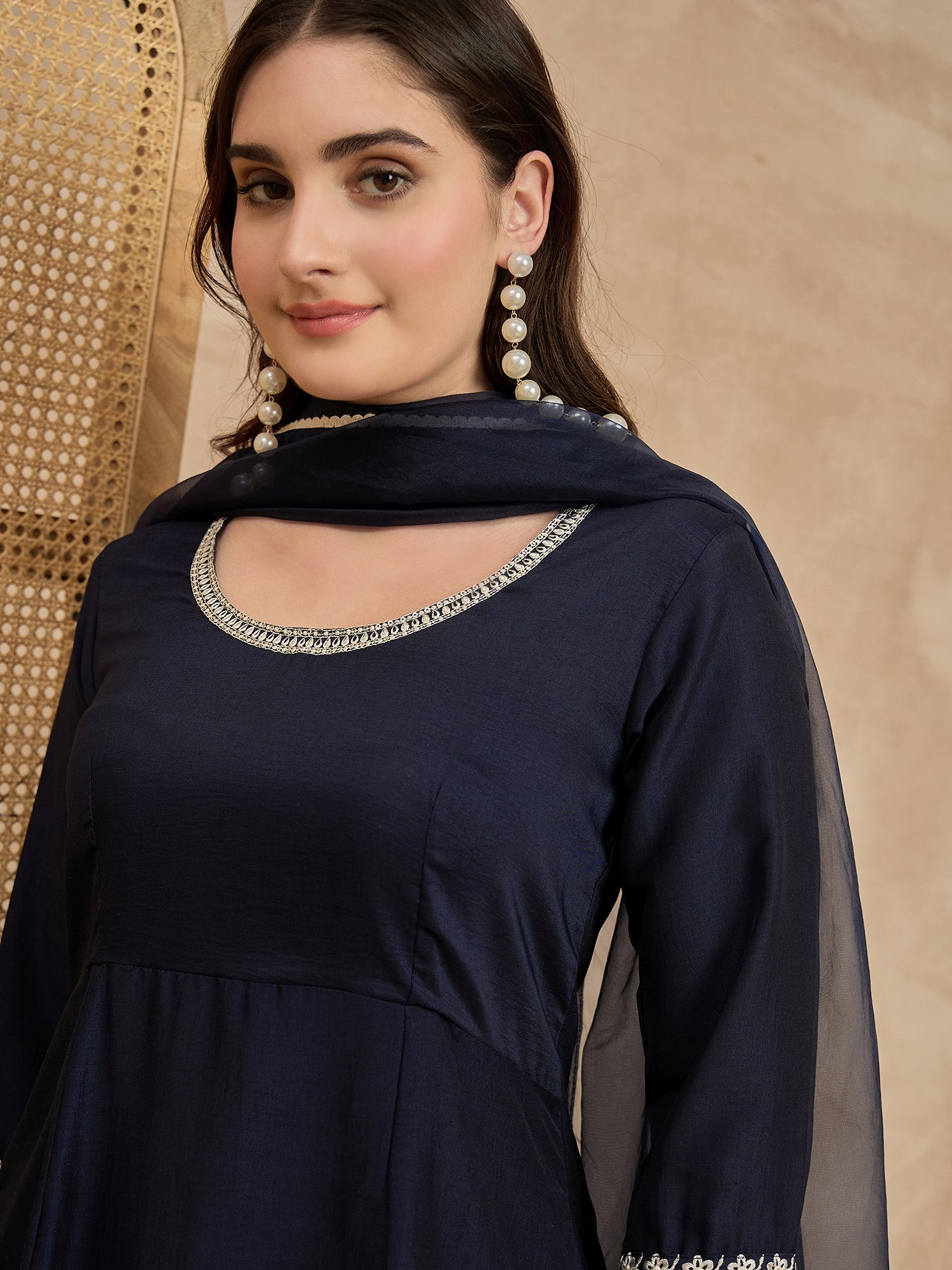Blue  Chinon Embroideried A-Line Kurta Trouser