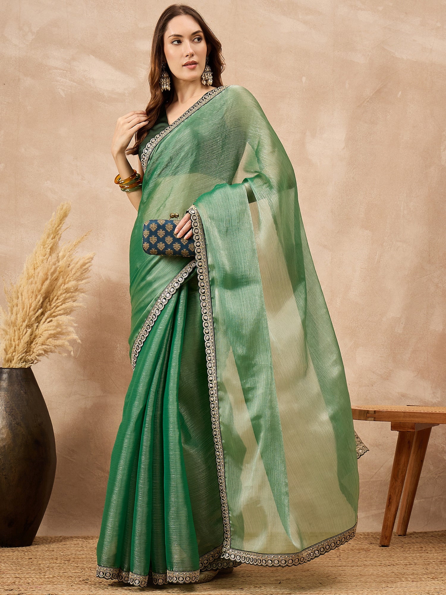 Green Satin Solid with Embroidered Border Saree with Unstitched Blouse