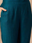 Teal Silk Blend Solid A-Line Kurta Trouser With Floral Print Shrug