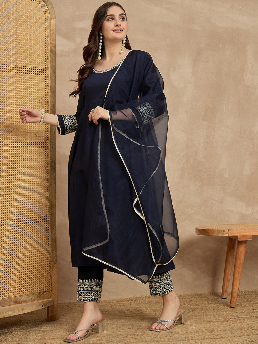 Blue  Chinon Embroideried A-Line Kurta Trouser