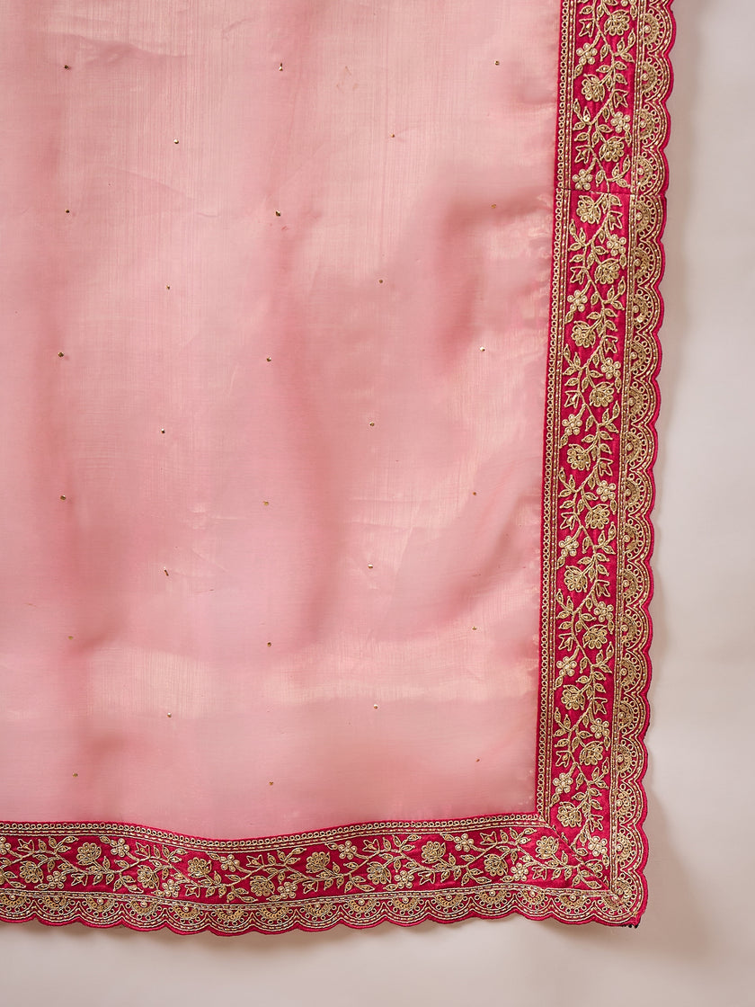 Pink  Organza Solid with Coding Border Saree with Unstitched Blouse