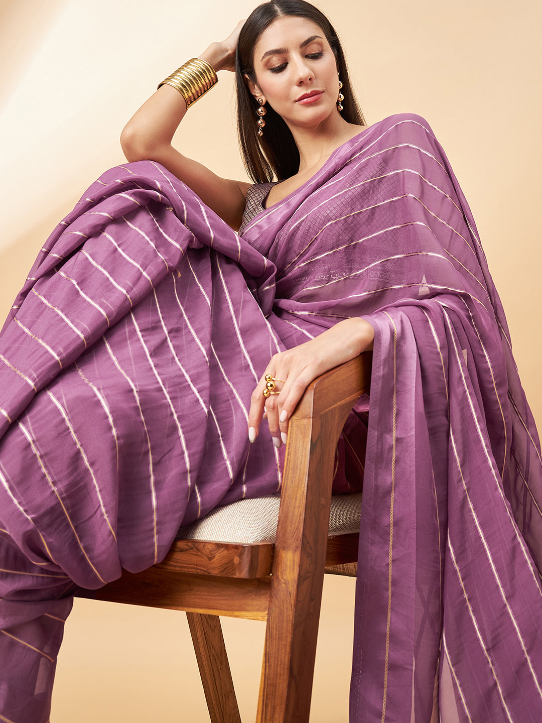 Lavender Chiffon Viscose Stripes Saree with Unstitched Fancy Blouse