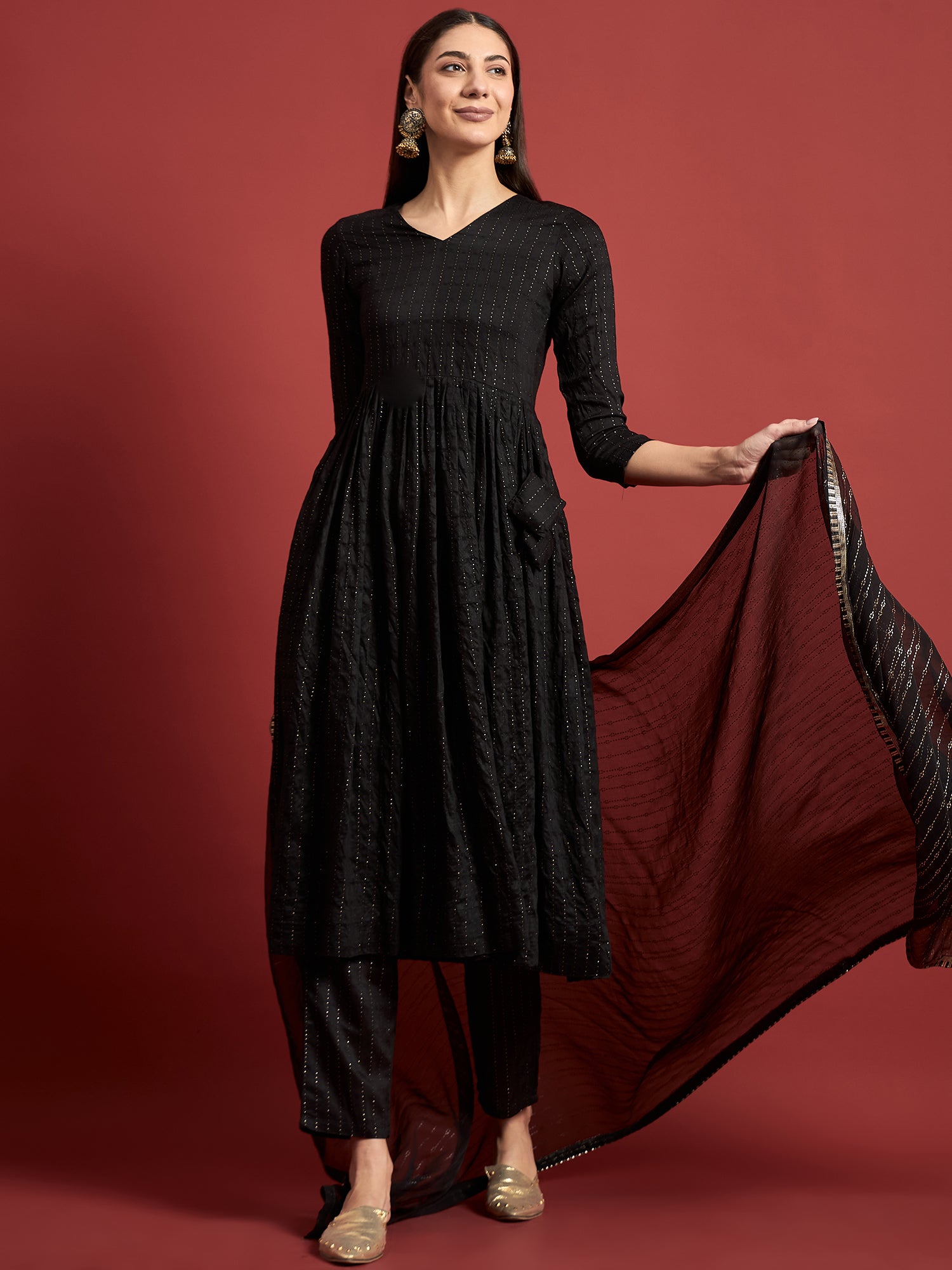 Black  Silk Blend Printed A-Line Kurta  Trouser