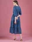Blue Cotton Printed Puff Sleeves Striped Dress