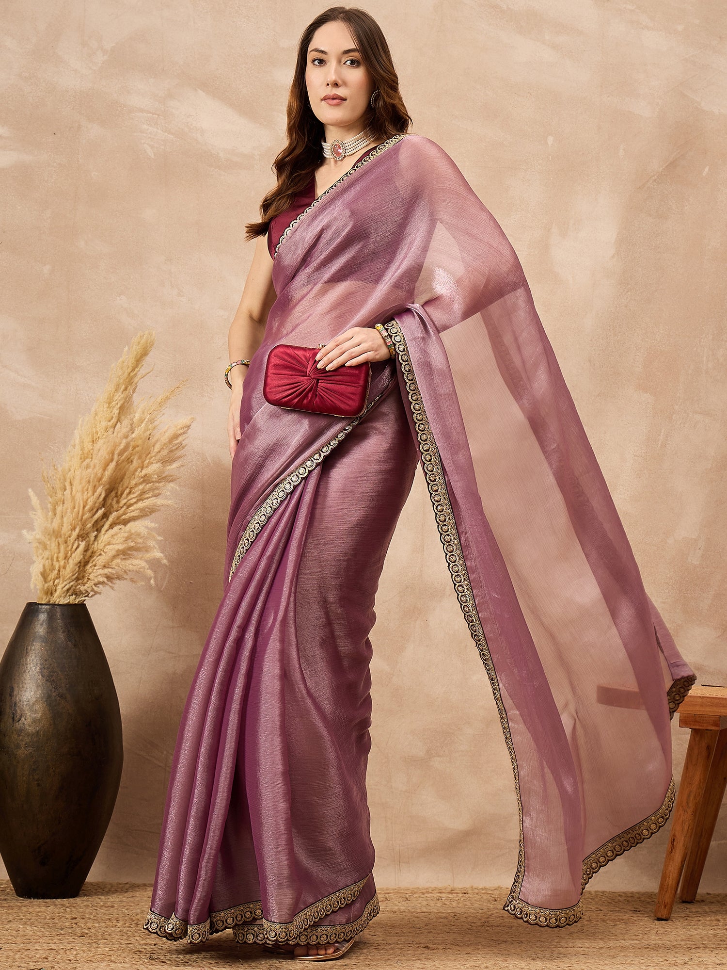 Onion Satin Solid with Embroidered Border Saree with Unstitched Blouse