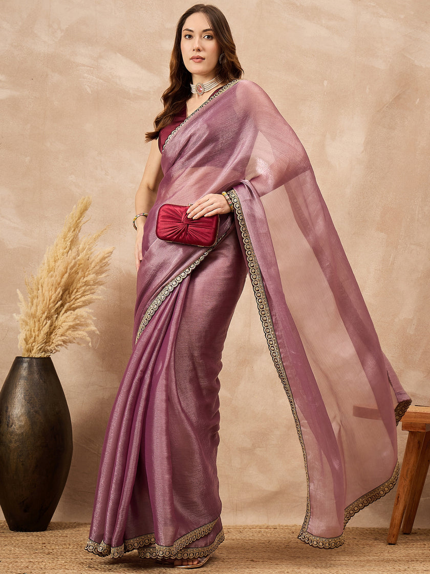 Onion Satin Solid with Embroidered Border Saree with Unstitched Blouse