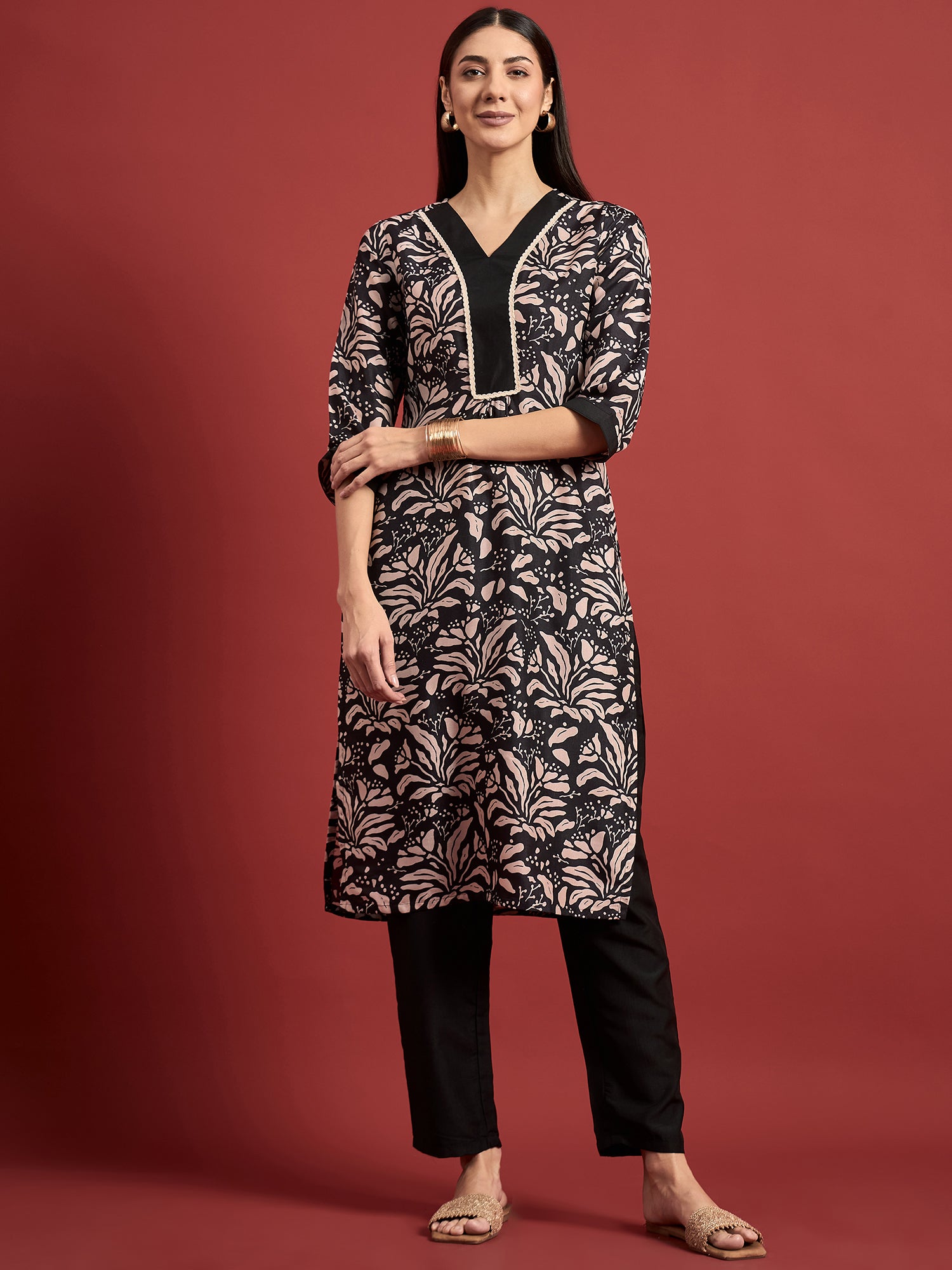 Black  Polyester Printed A-Line Kurta  Palazzo