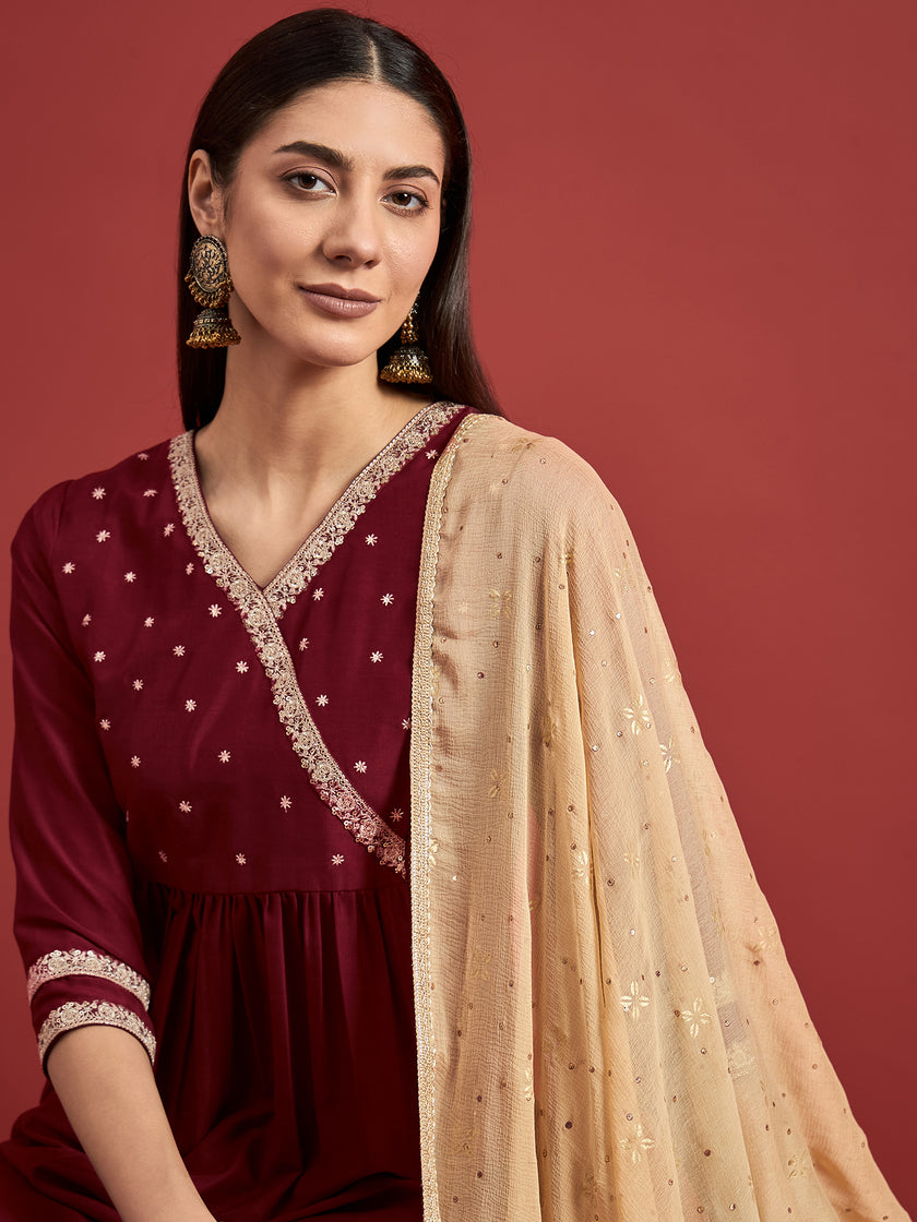 Maroon Embroideried Anarkali Kurta  Trouser