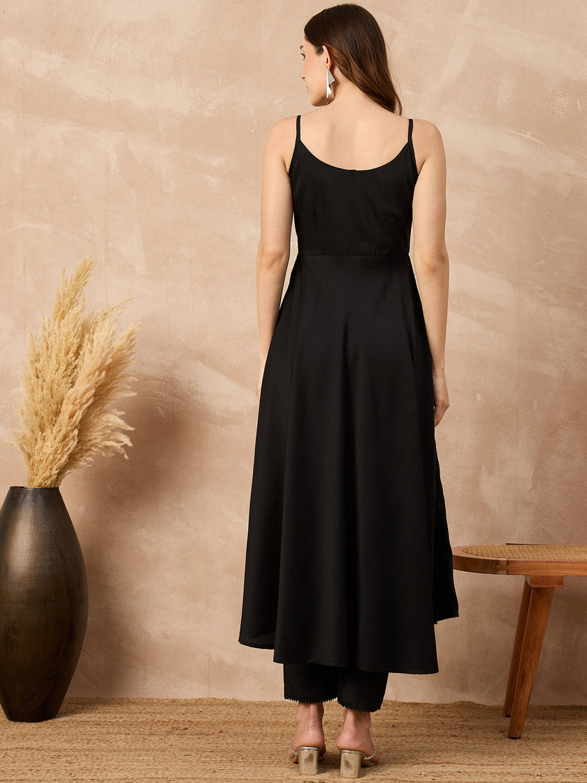 Black Silk Blend Solid A-Line Kurta Trouser With Floral Print Shrug