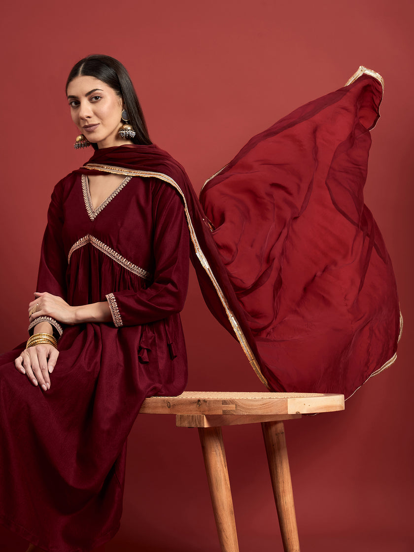 Maroon  Art Silk Embroideried Anarkali Kurta  Trouser
