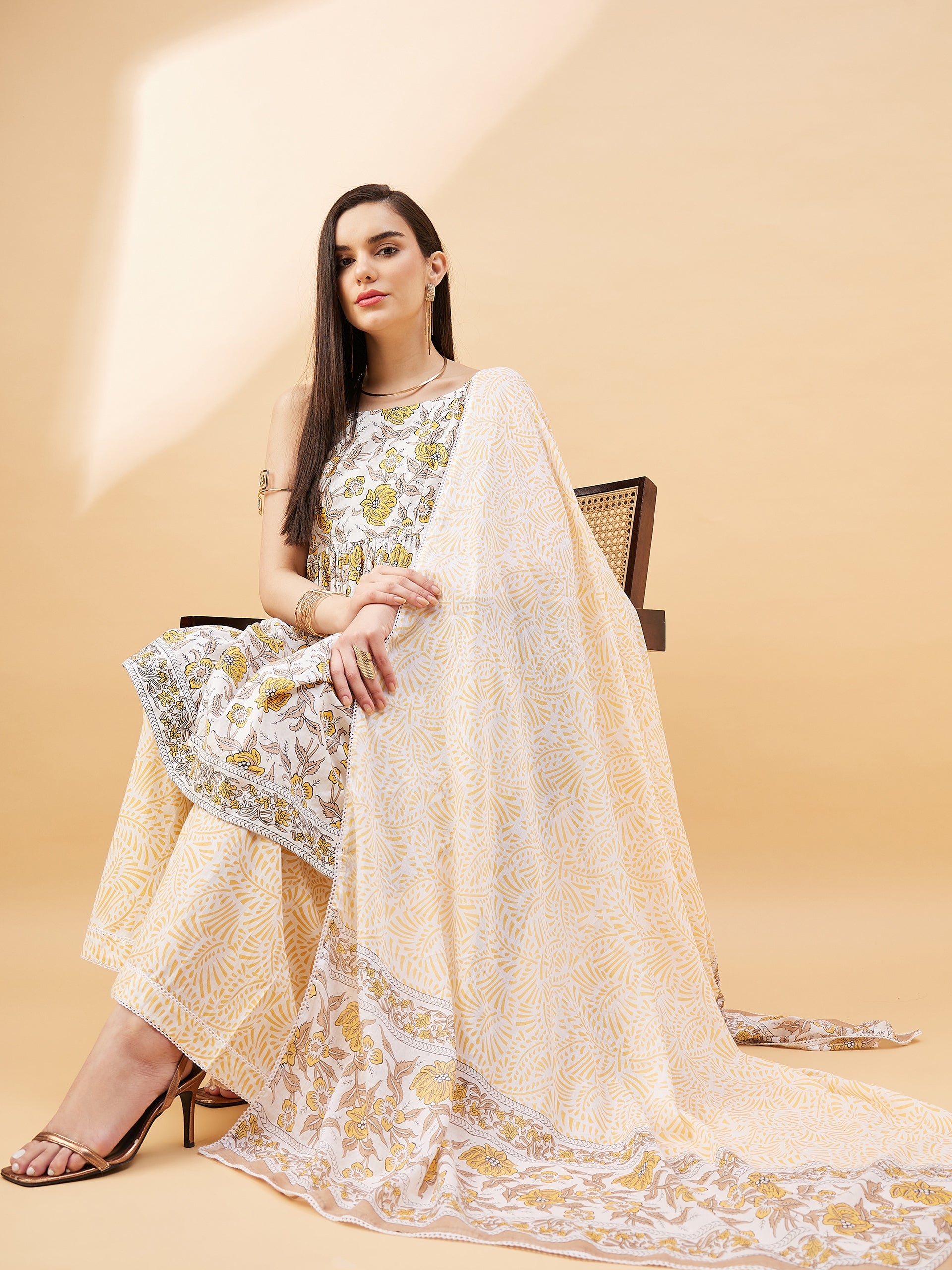 Mustard Pure Cotton Printed Peplum Kurta Palazzo