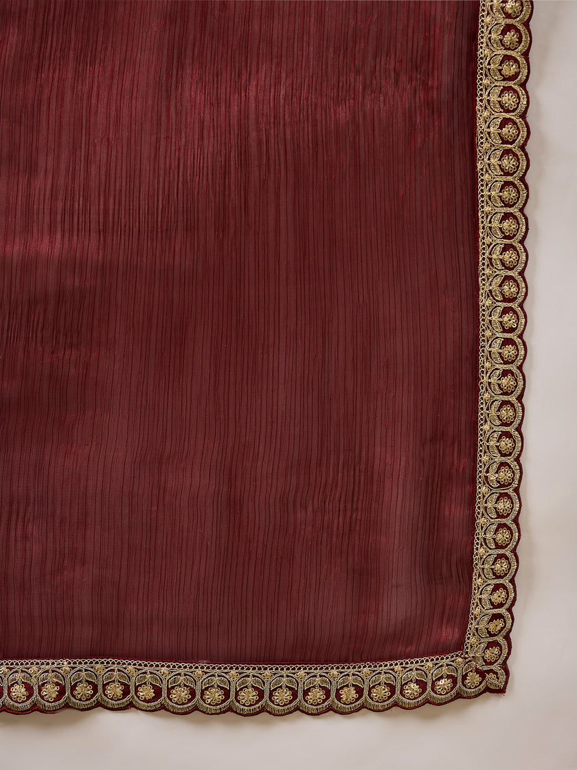 Maroon Satin Solid with Coding Border Saree with Unstitched Blouse