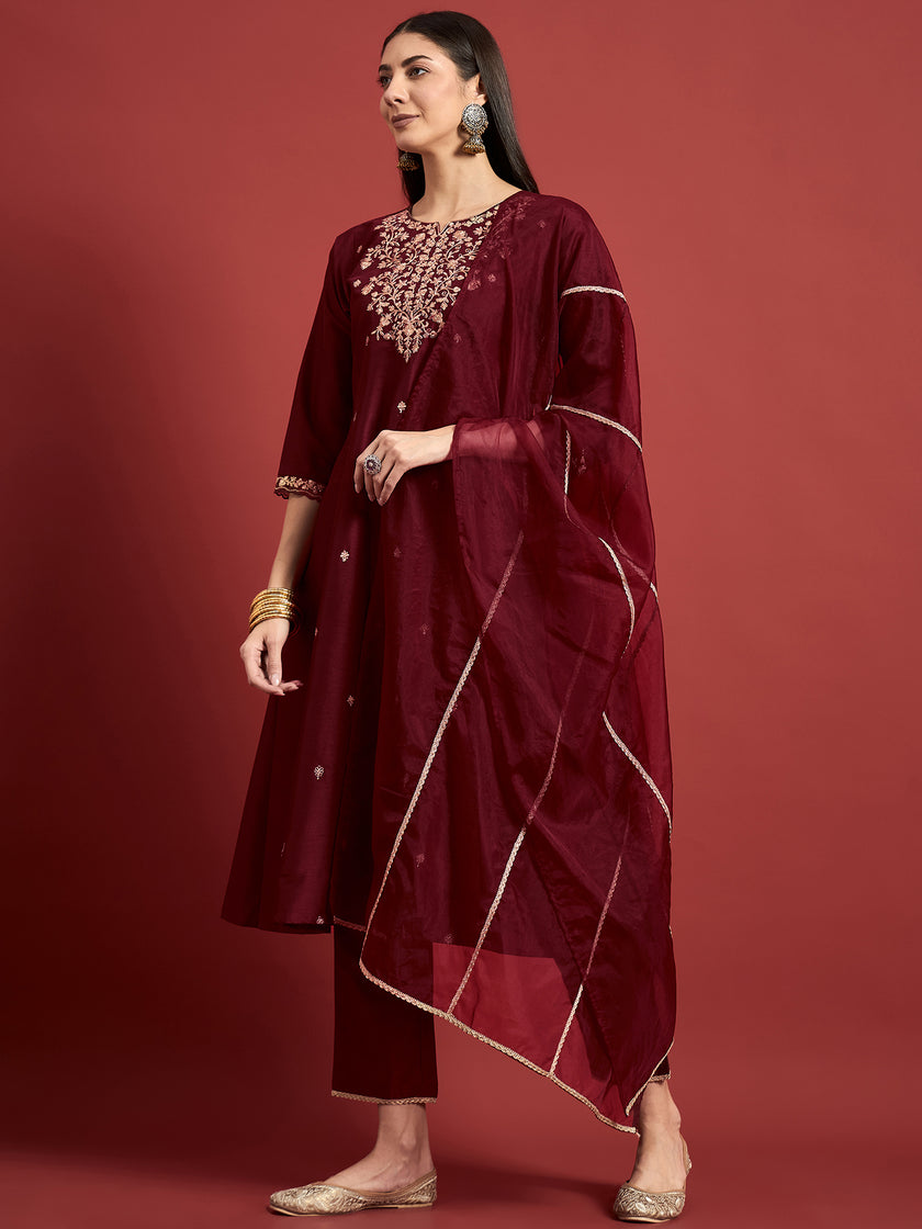 Maroon  Silk Blend Embroideried A-Line Kurta  Trouser
