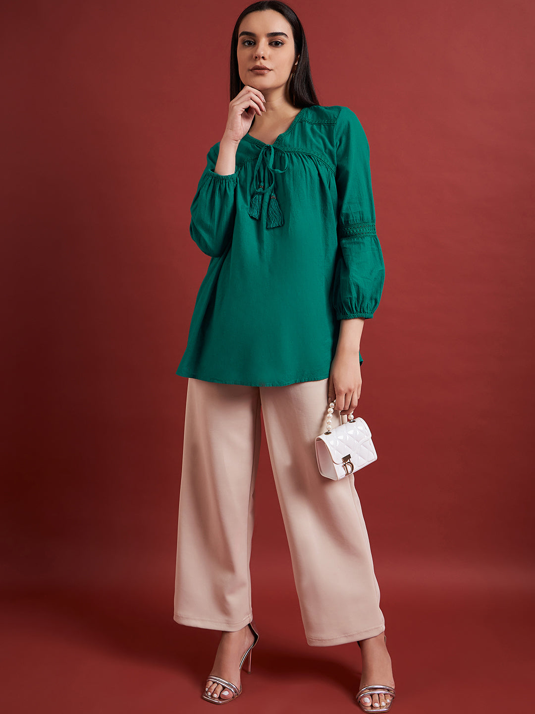 Green Pure Cotton Self Design Tie-Ups Puff Sleeves Ethnic Print Tops