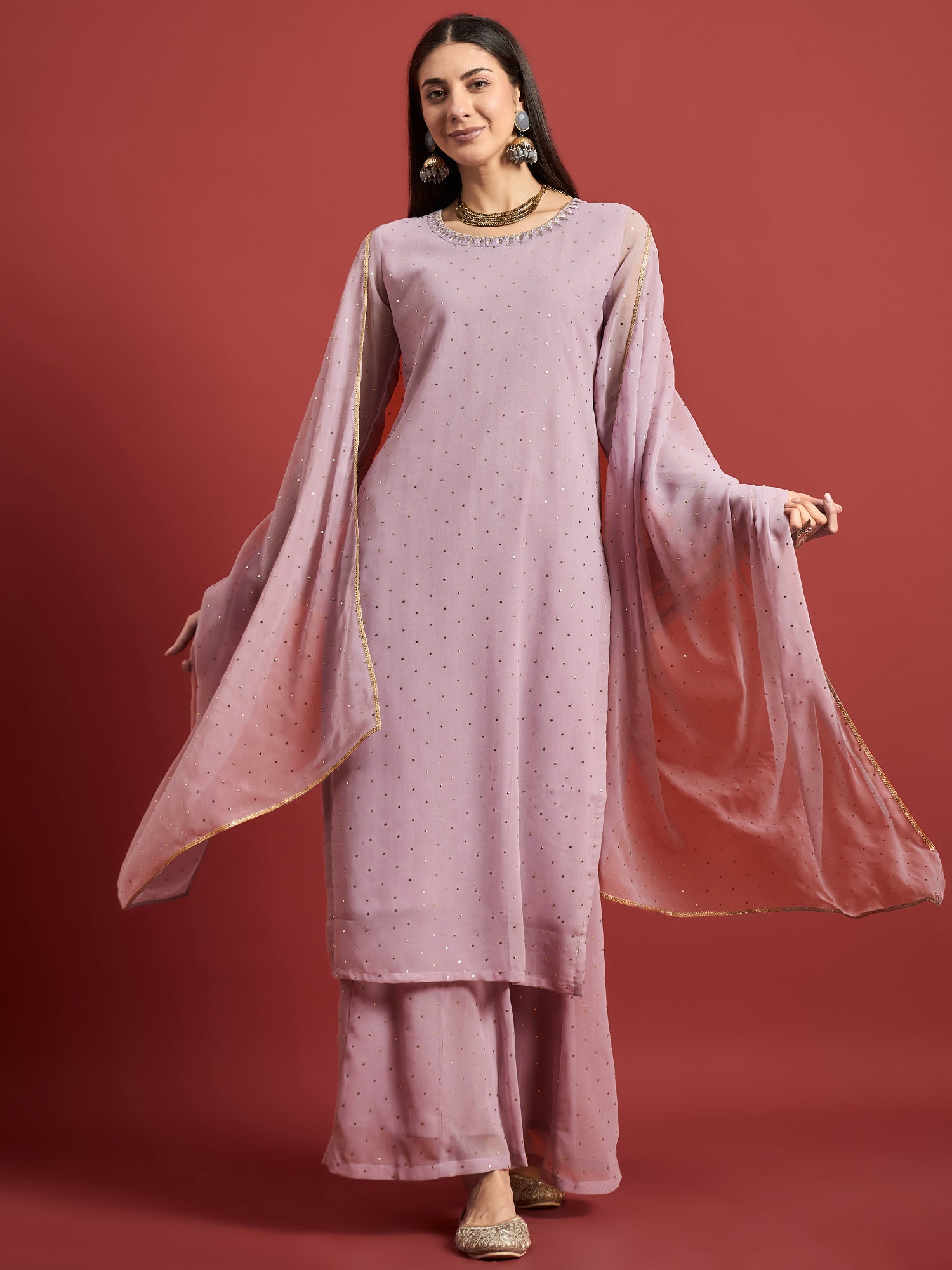 Purple  Georgette Embroideried A-Line Kurta Palazzos