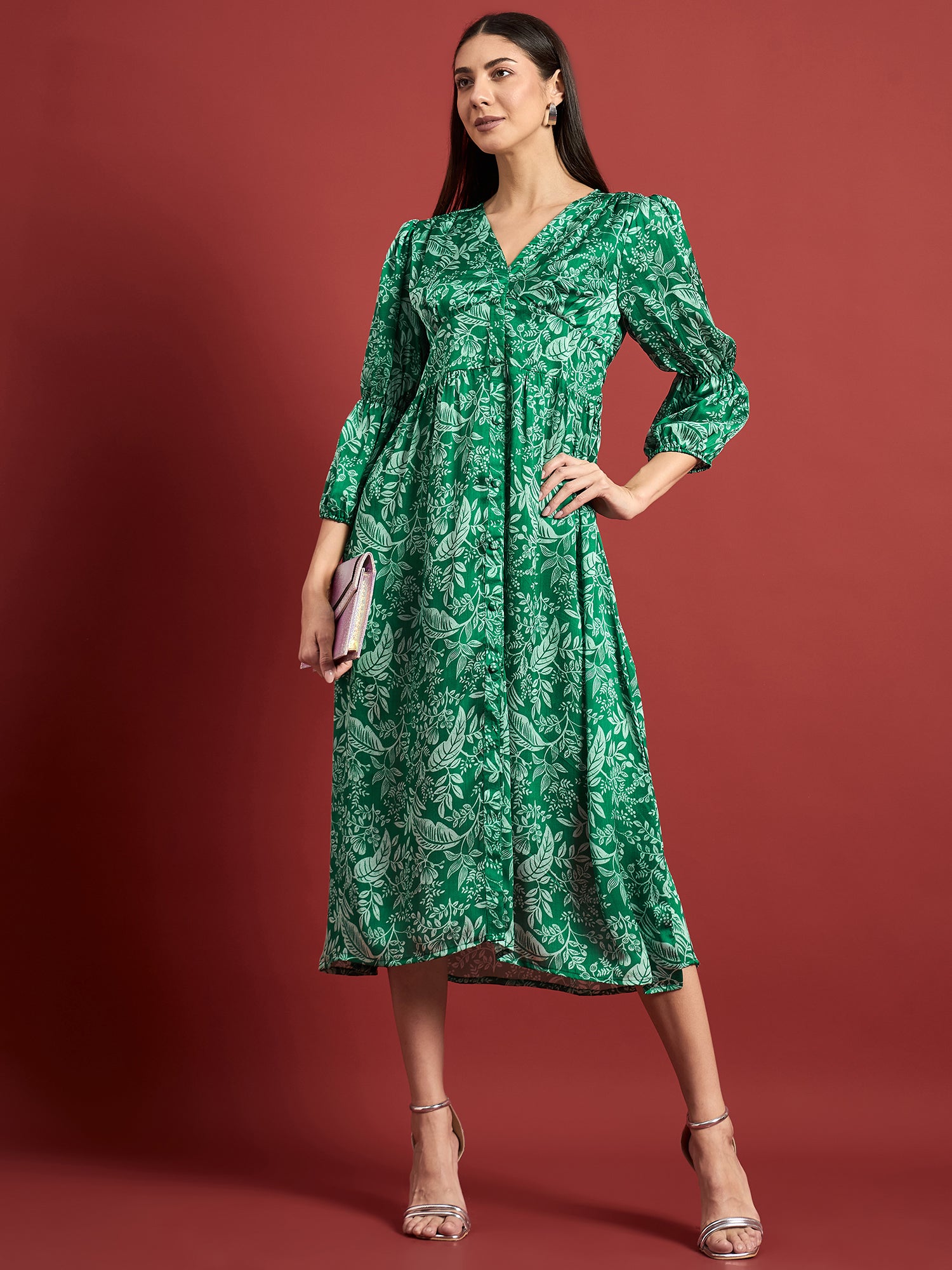 Green Polyester Printed Puff Sleeves Floral Dress