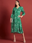 Green Polyester Printed Puff Sleeves Floral Dress