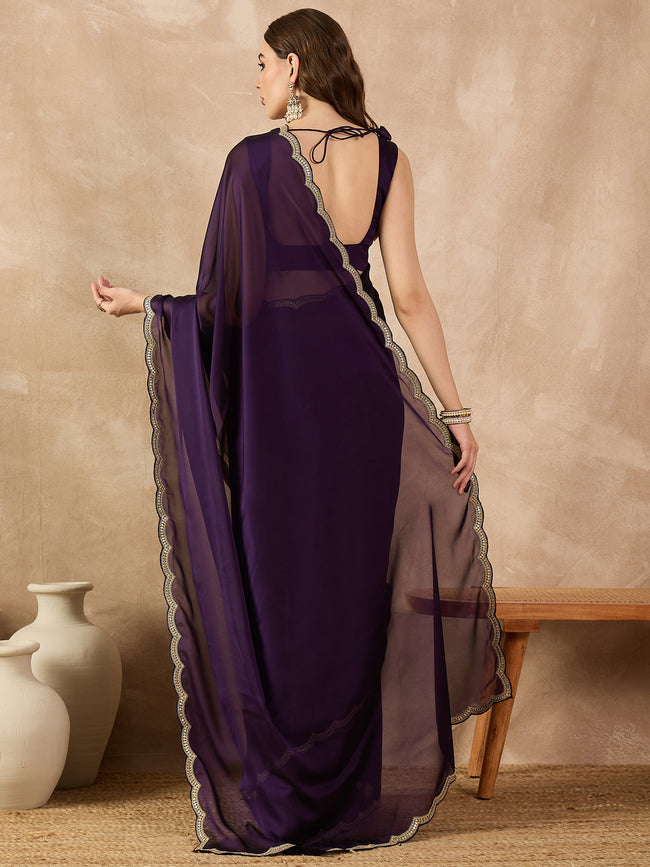 Purple Poly Chiffon Solid with Coding Border Saree with Unstitched Blouse