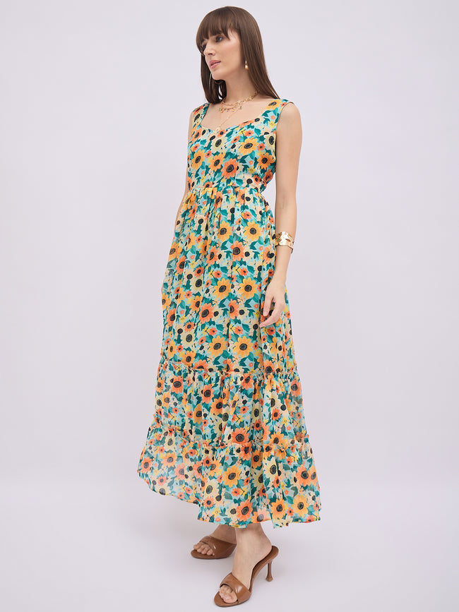 Multi Polyester Printed No Sleeves Floral Dress