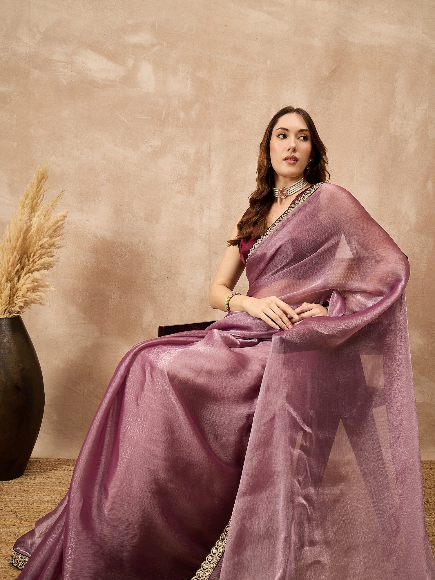 Onion Satin Solid with Embroidered Border Saree with Unstitched Blouse