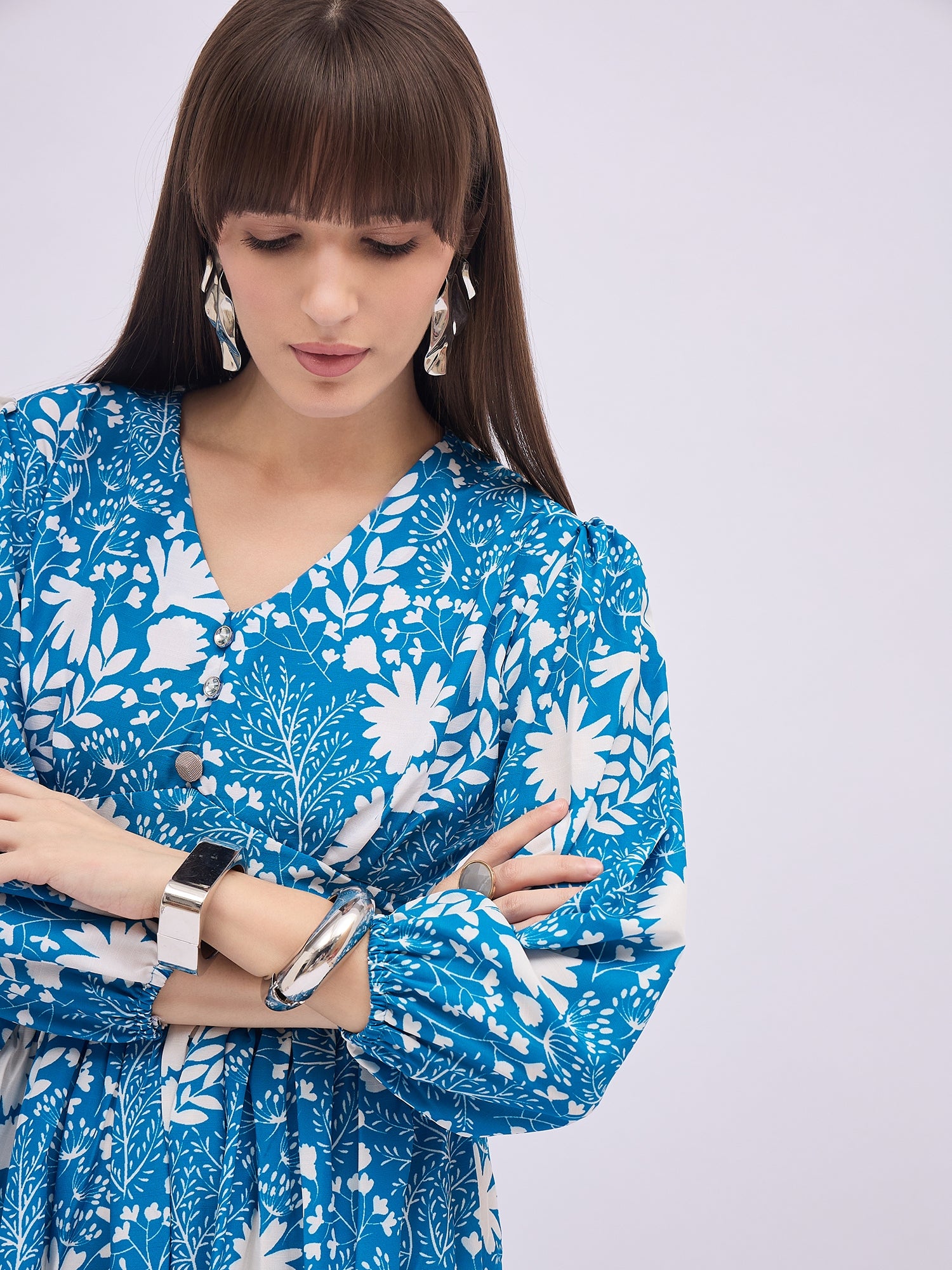 Turquoise Blue BLENDED Printed Ballon Sleeves Floral Dress