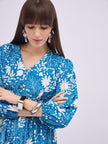 Turquoise Blue BLENDED Printed Ballon Sleeves Floral Dress