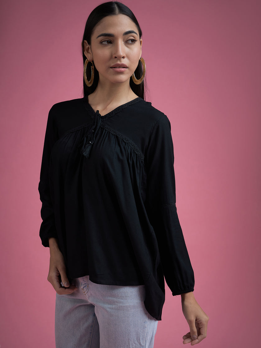 Black Cotton Blend Embroidered Tie-Ups Regular Sleeves Schiffli Tops