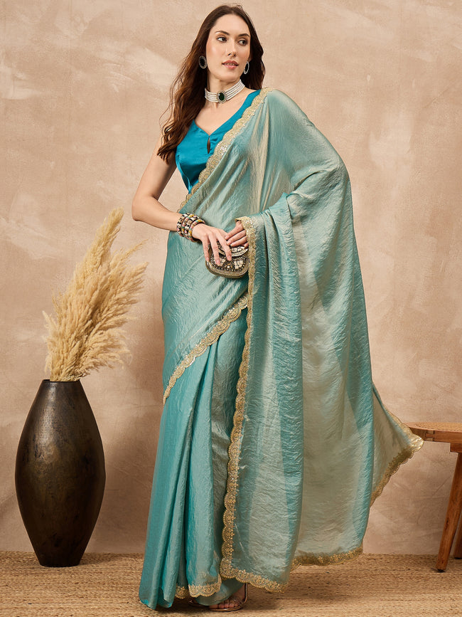 Blue Organza Solid with Gota Lace Saree with Unstitched Blouse