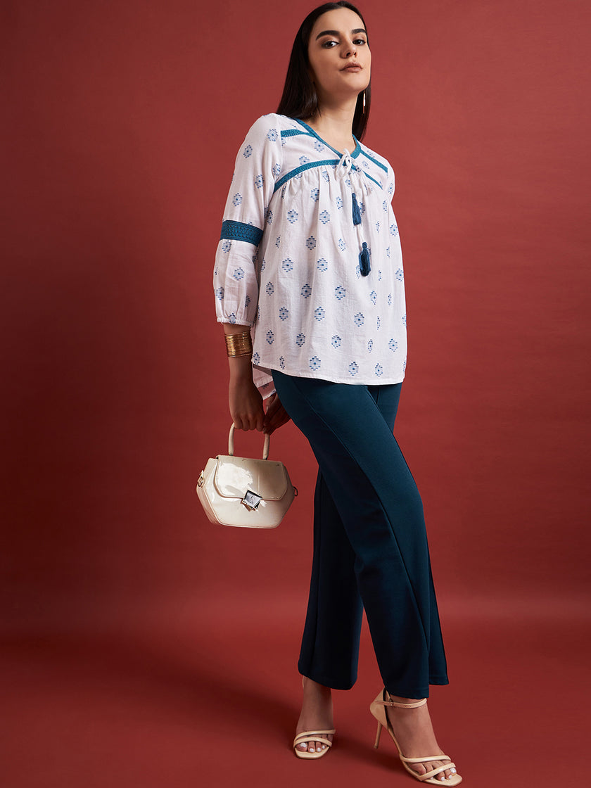 White Pure Cotton Embroidered Tie-Ups Puff Sleeves Indigo Tops