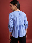 Blue Pure Cotton Embroidered Gathered or Pleated Puff Sleeves Floral Print Tops