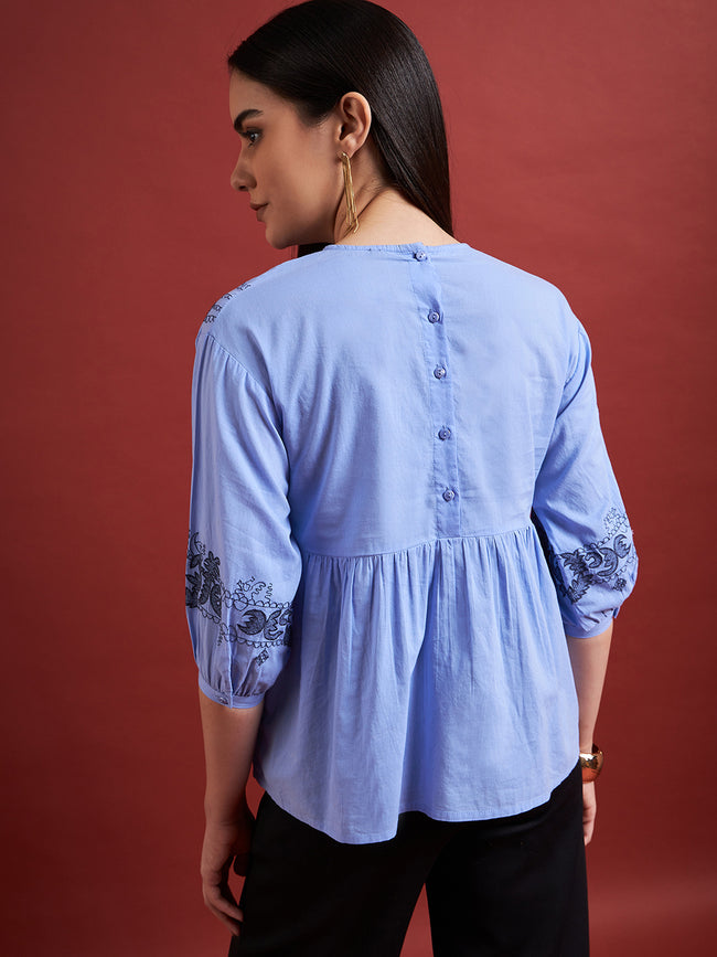 Blue Pure Cotton Embroidered Gathered or Pleated Puff Sleeves Floral Print Tops