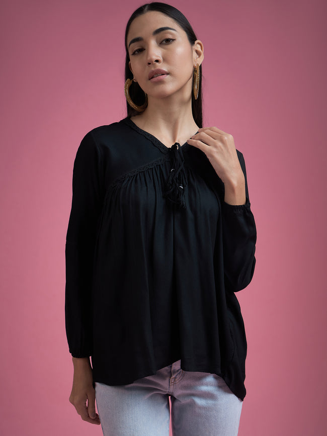 Black Cotton Blend Embroidered Tie-Ups Regular Sleeves Schiffli Tops