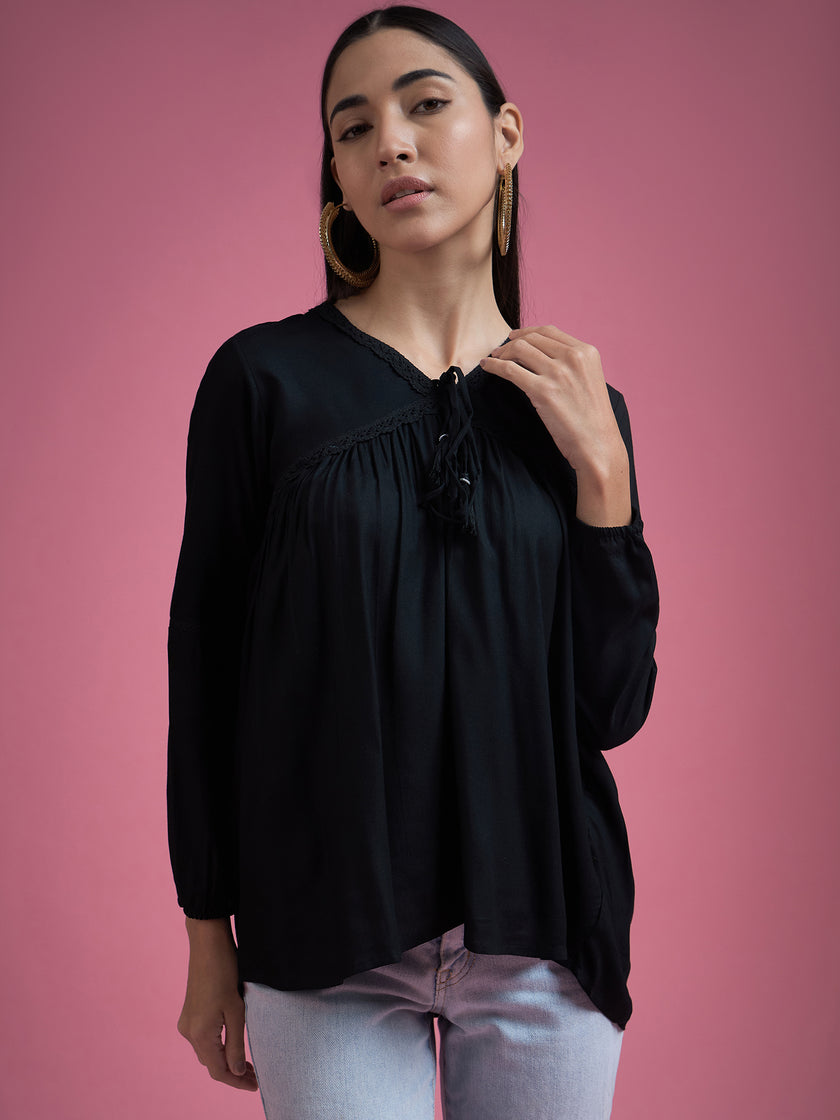 Black Cotton Blend Embroidered Tie-Ups Regular Sleeves Schiffli Tops