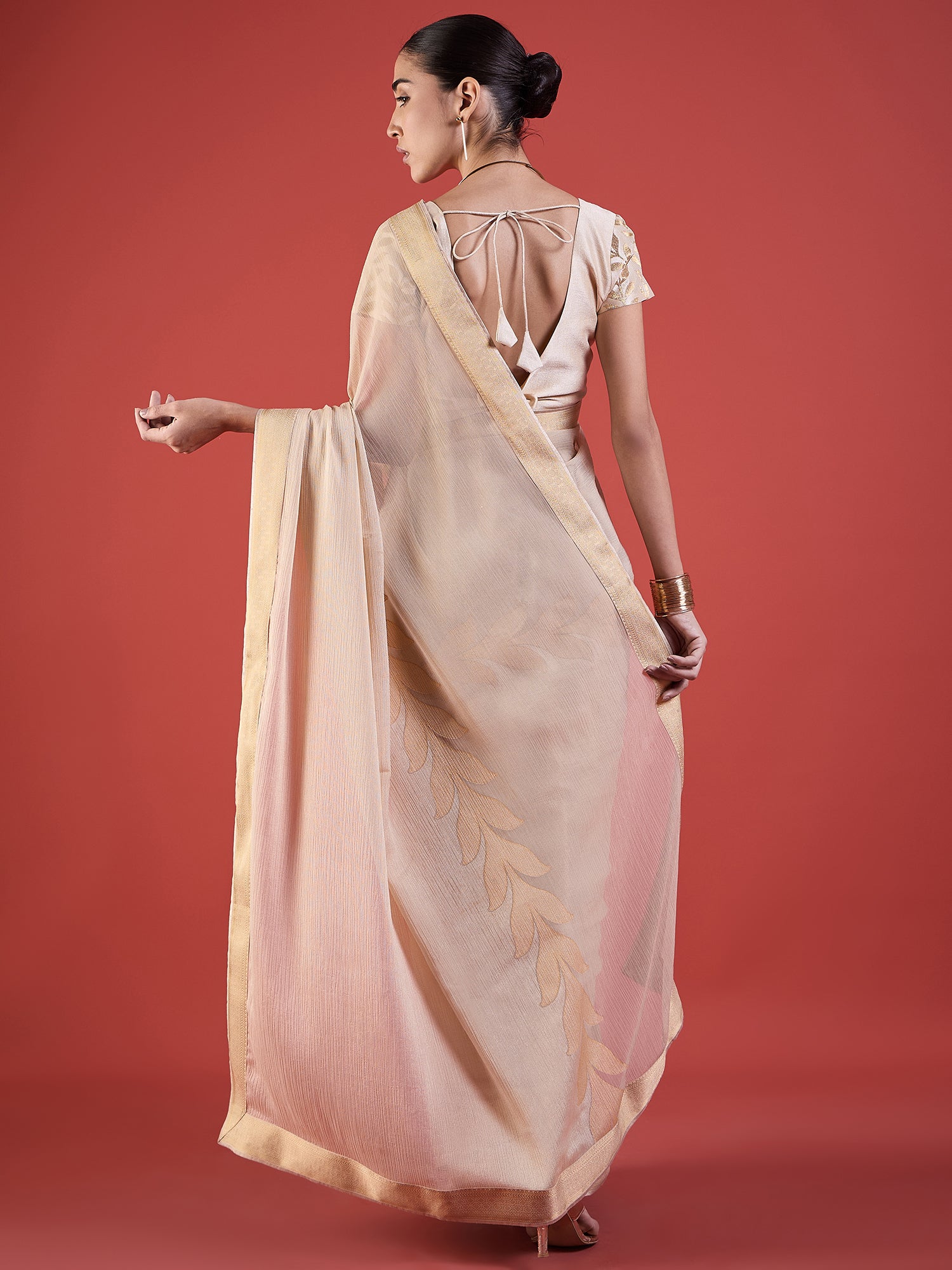 Beige Pure Chiffon Printed with Readyamde Lace Saree with Unstitched Fancy Blouse