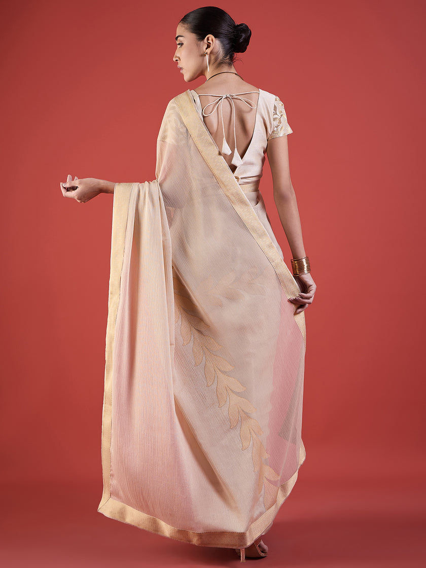 Beige Pure Chiffon Printed with Readyamde Lace Saree with Unstitched Fancy Blouse