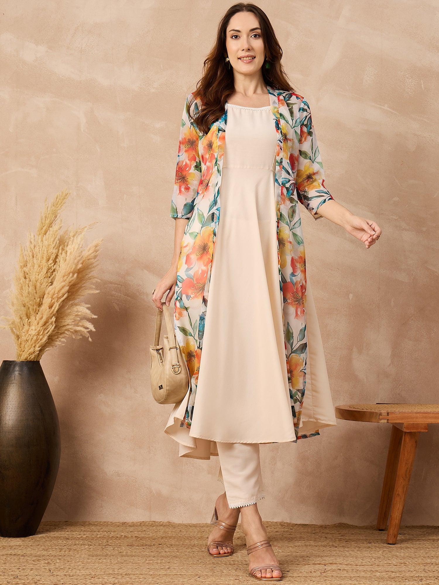 Off-White Silk Blend Solid A-Line Kurta Trouser With Floral Print Shrug