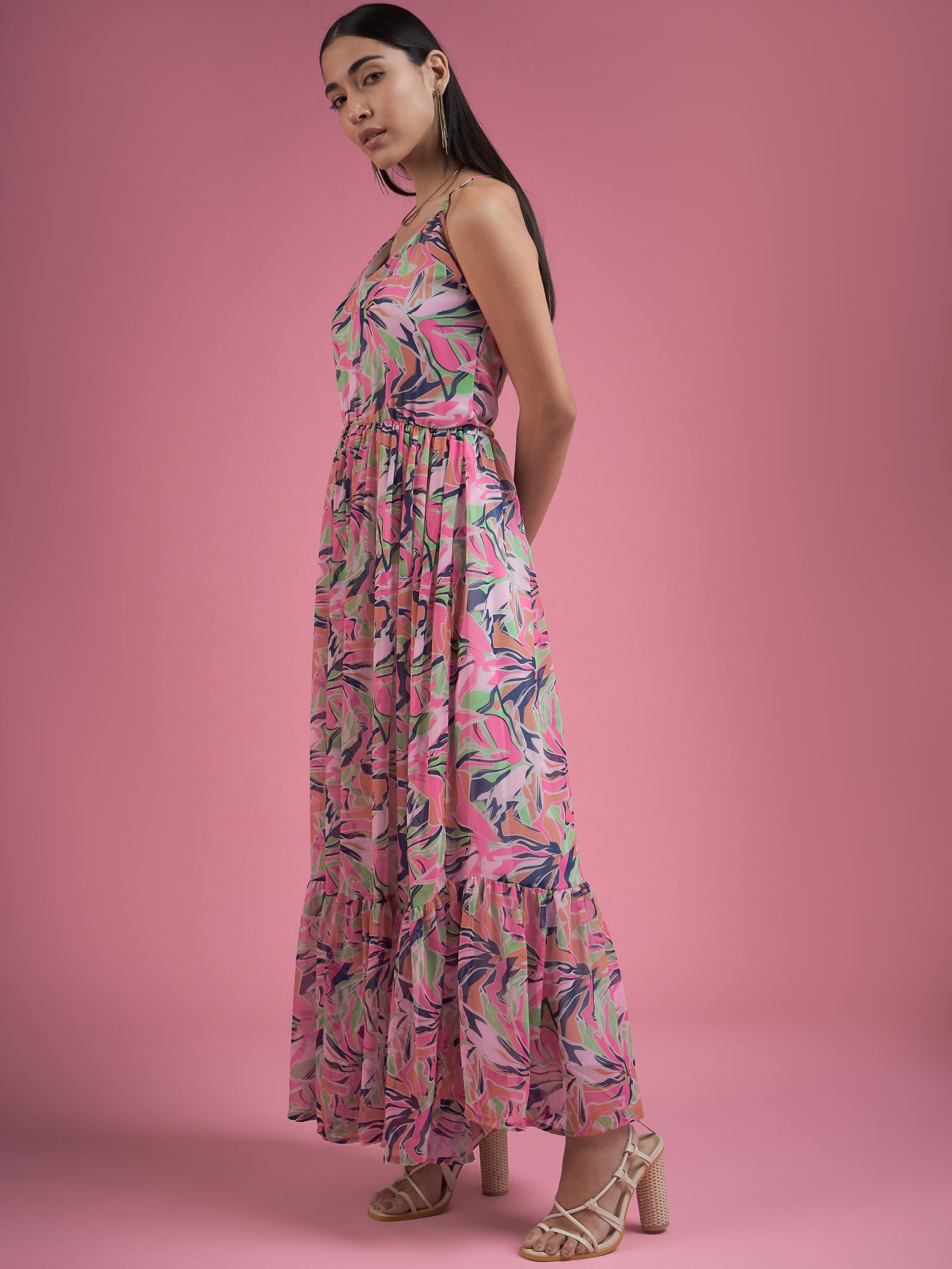 Multicolor Georgette Printed Sleeveless Floral Print Dress