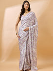 Lavender Satin Digital Floral Print With Embellished Lace Saree with Unstitched Fancy Blouse