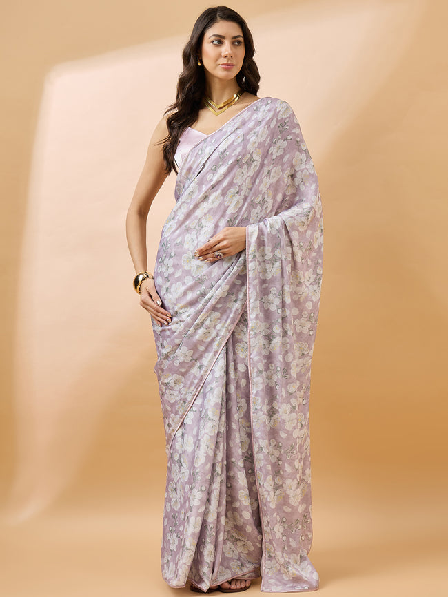 Lavender Satin Digital Floral Print With Embellished Lace Saree with Unstitched Fancy Blouse