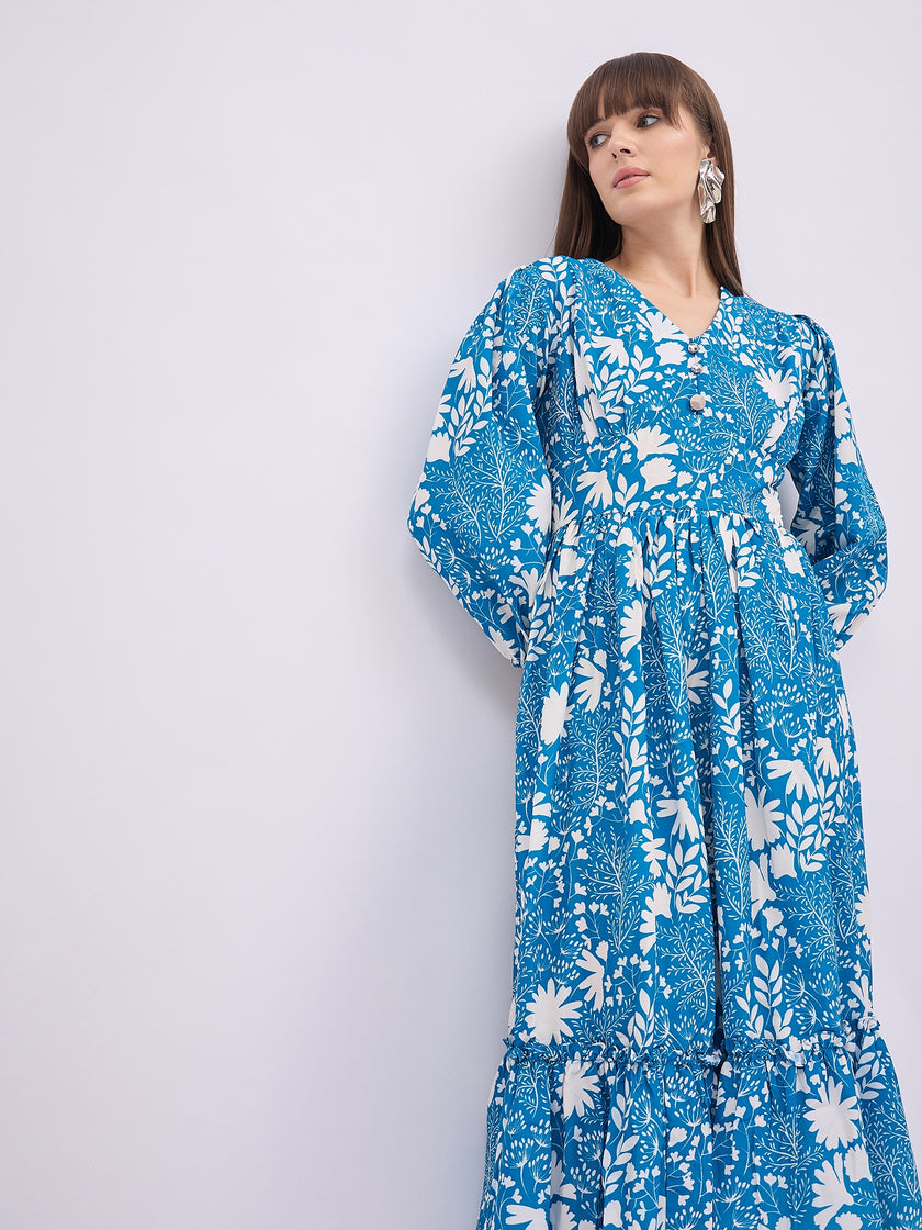 Turquoise Blue BLENDED Printed Ballon Sleeves Floral Dress