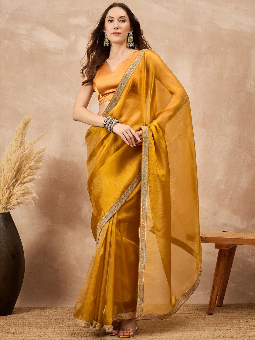 Yellow Satin Solid with Coding Border Saree with Unstitched Blouse