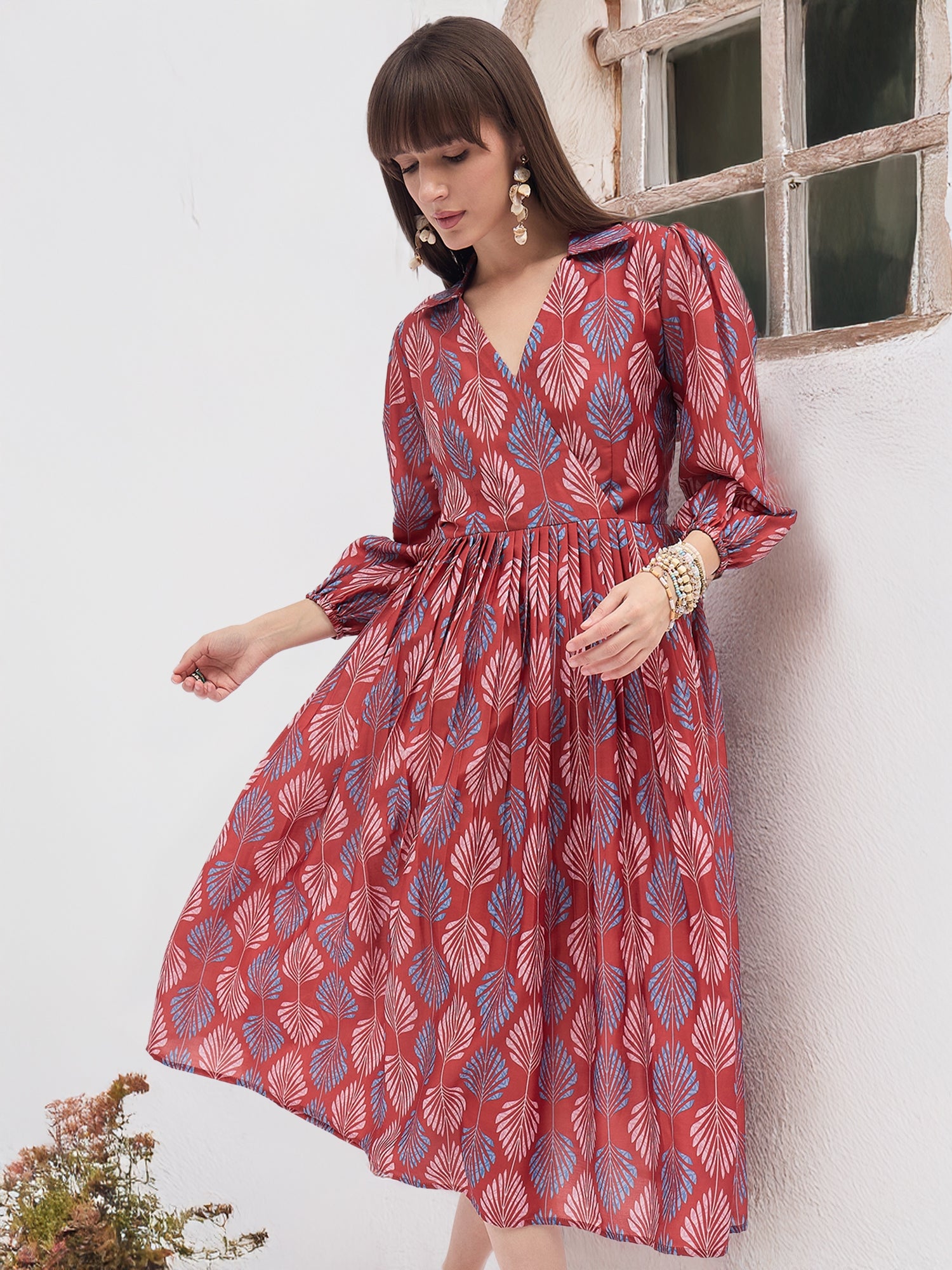Multi Polyester Printed Puff Sleeves Floral Dress