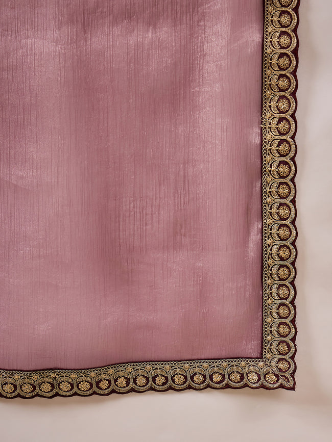 Onion Satin Solid with Embroidered Border Saree with Unstitched Blouse