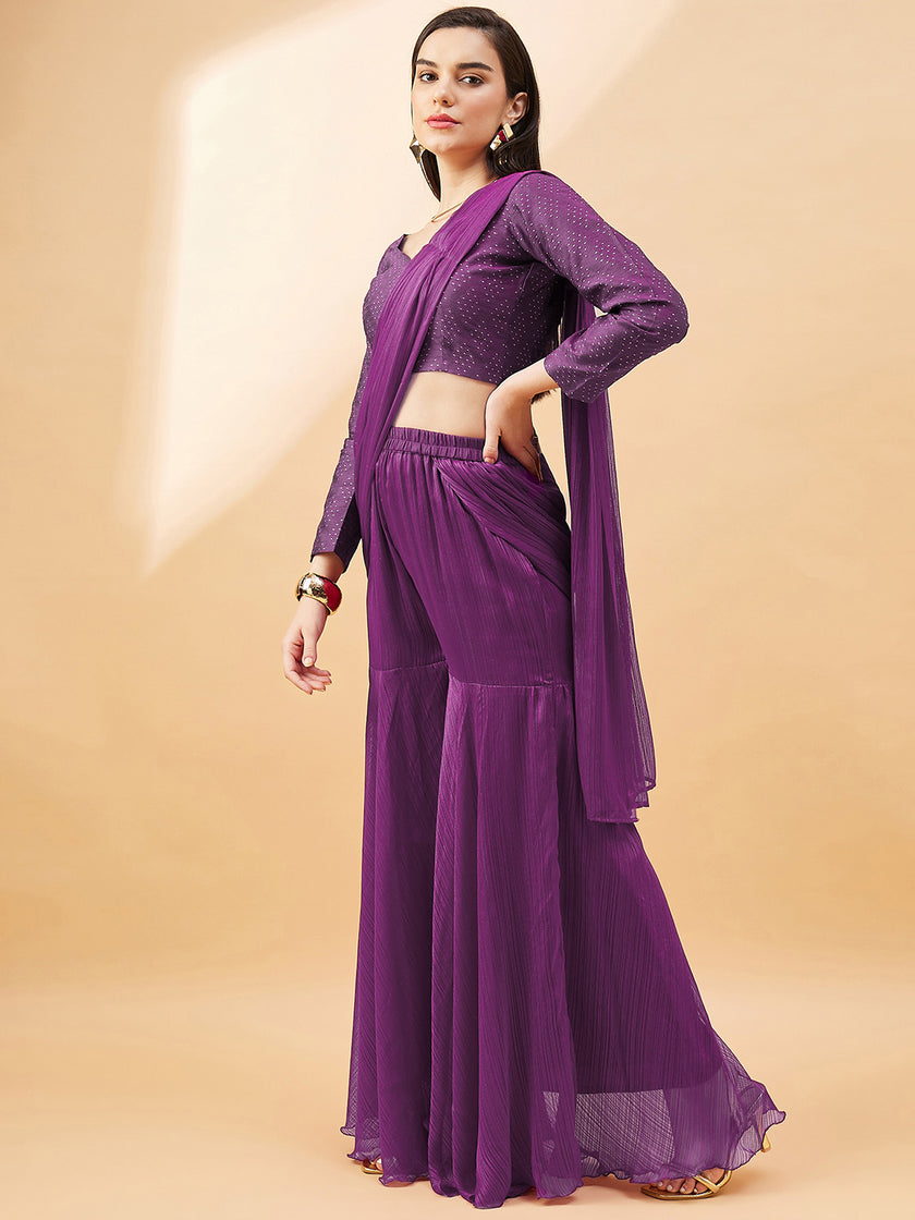 Maroon Chiffon Ready to Wear Palazzo  Saree with Unstitched Fancy Blouse