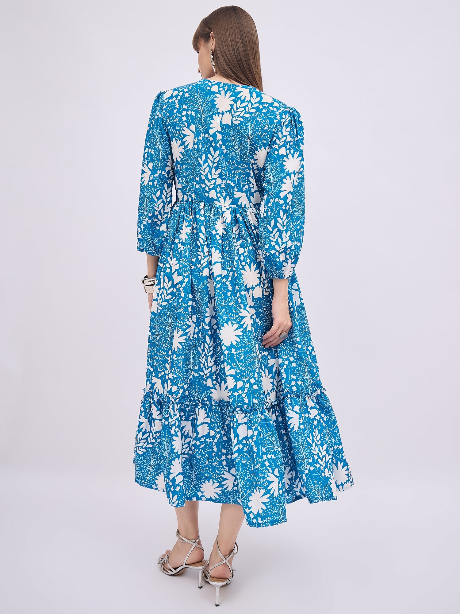 Turquoise Blue BLENDED Printed Ballon Sleeves Floral Dress