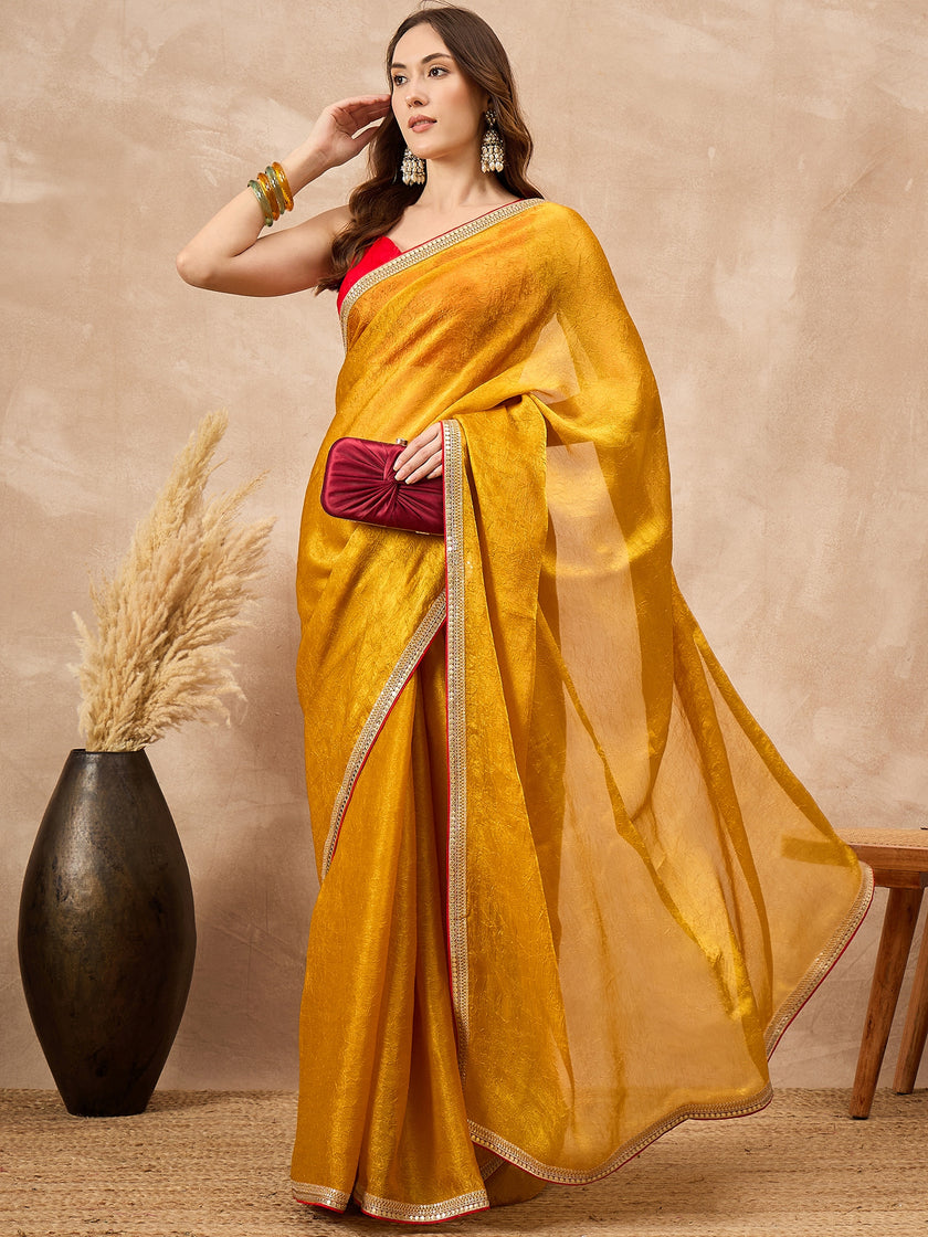 Yellow Poly Chiffon Solid with Embroidery Coding Border  Saree with Unstitched Blouse