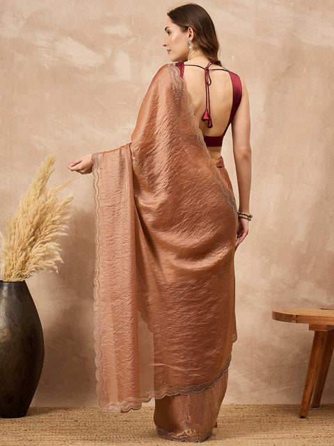 Copper Satin Solid With Stone Work Border Saree with Unstitched Blouse