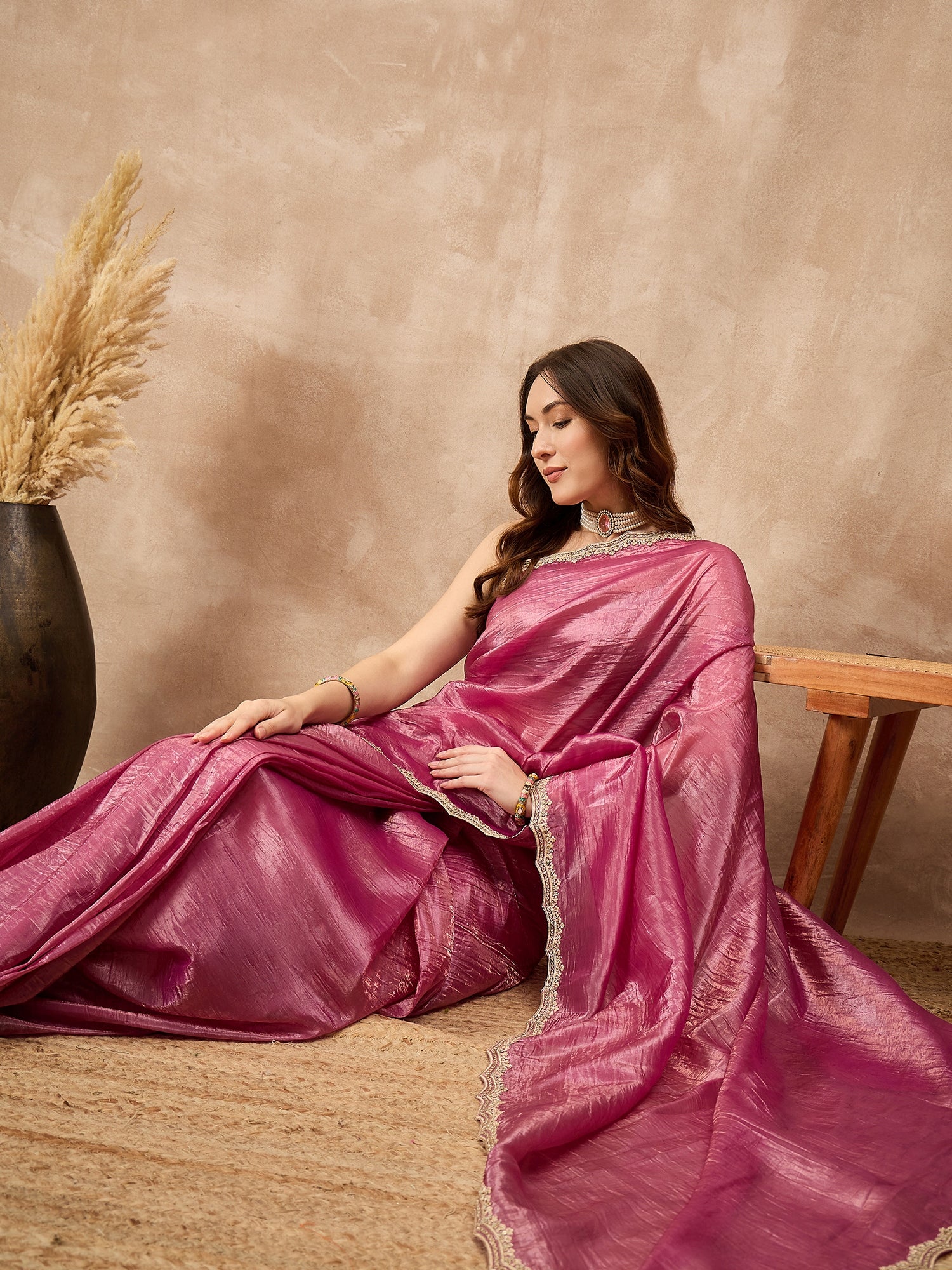 Pink  Poly Chiffon Solid with Embellished Cut Work Border Saree with Unstitched Blouse