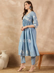 Light Blue  Cotton Blend Embroideried A-Line Kurta Trouser