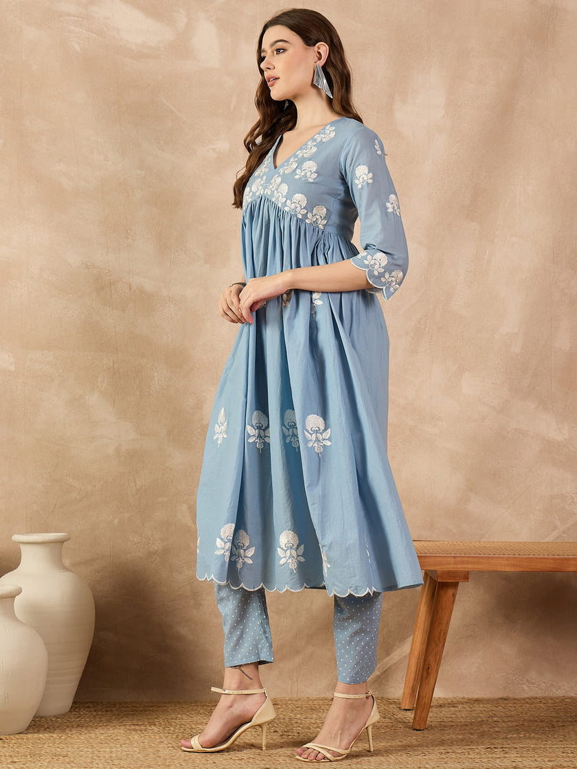 Light Blue  Cotton Blend Embroideried A-Line Kurta Trouser